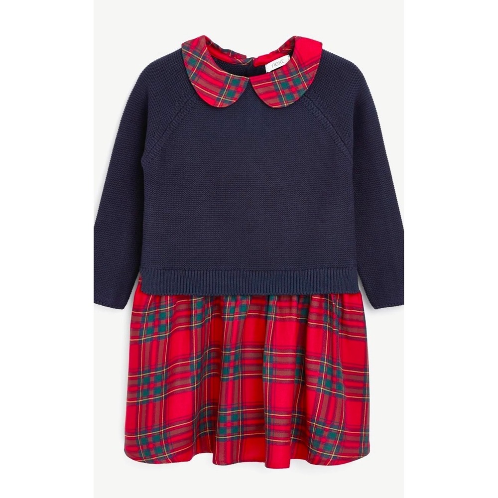Next Kids Navy Blue Knit Sweater Dress Red Plaid Tartan 2-3 Years 98cm